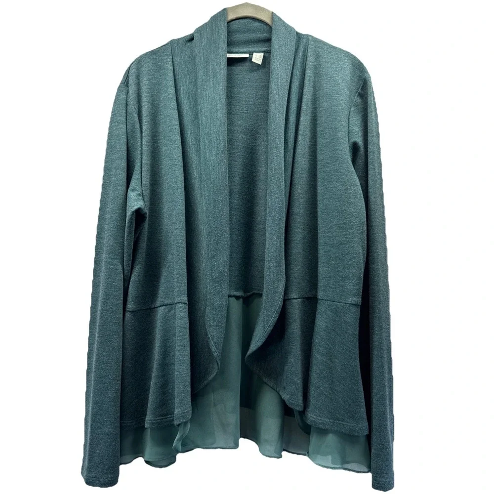 LOGO Lori Goldstein Open Jacket Cardigan Sz Large Green Peplum Long Sleeve Sheer